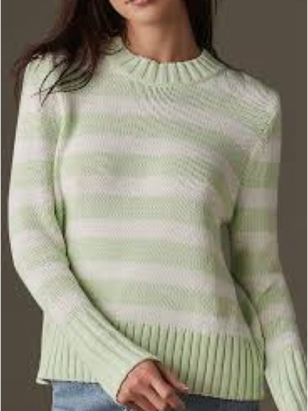 KULE Tatum Soft Striped Crewneck Sweater in Light Green and White
